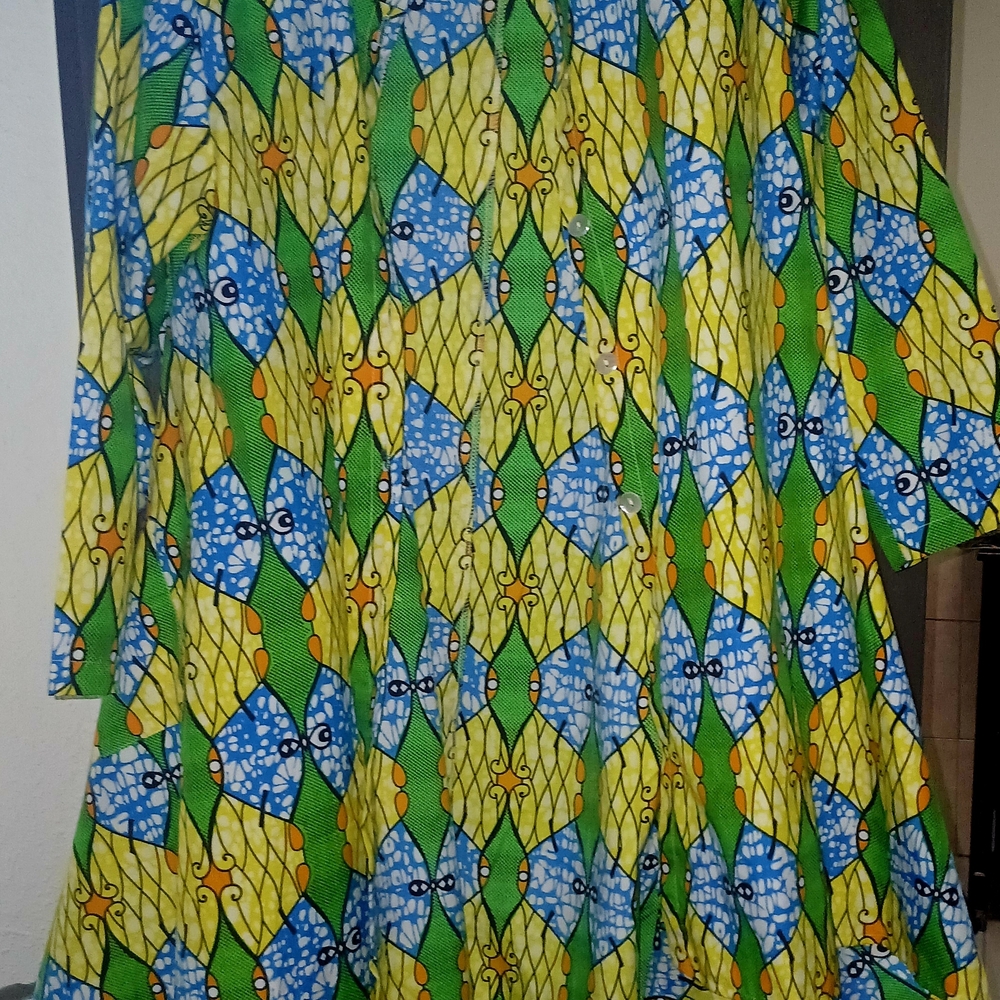 Vibrant Geometric African Wax Print Dress - Yellow, Blue & Green